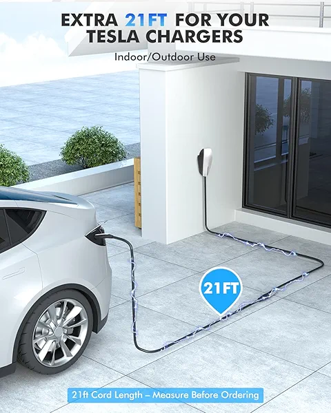 EV Charger Extension Cable for Tesla Charger, 50Amp 21ft Max 240V 12kW with NACS Plug, EV Extension Cord for Level 1/2 Tesla Mobile Charger/Wall Connector, Extension Cord for ModelY/X/3/S/Cyber-truck