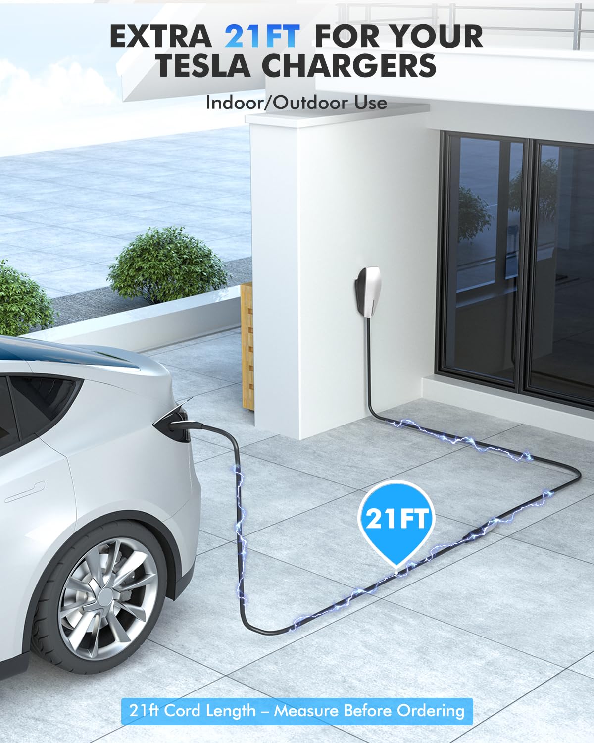 SEGUMA EV Charger Extension Cord for Tesla, 50Amp 21ft Max Support 240V 12kW with NACS Extension Cable for Level 1 & 2 NACS Charger Tesla Wall Connector, Tesla Extension Cord for Model Y/X/3/S