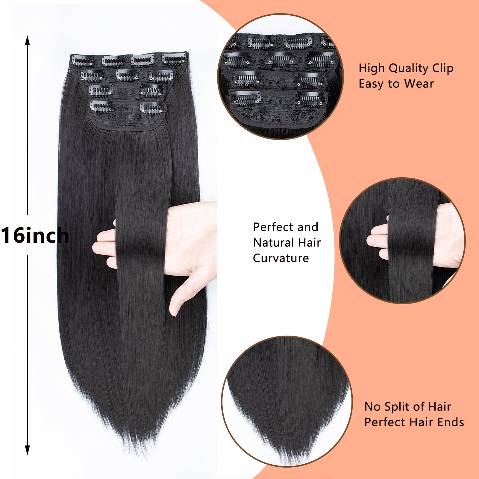 Mscat 16 Inch Clip-In Hair Extensions - Straight Synthetic Hair Pieces for Women & Girls (4PCS Full Head Set, Thick) - 1B# - Image 3
