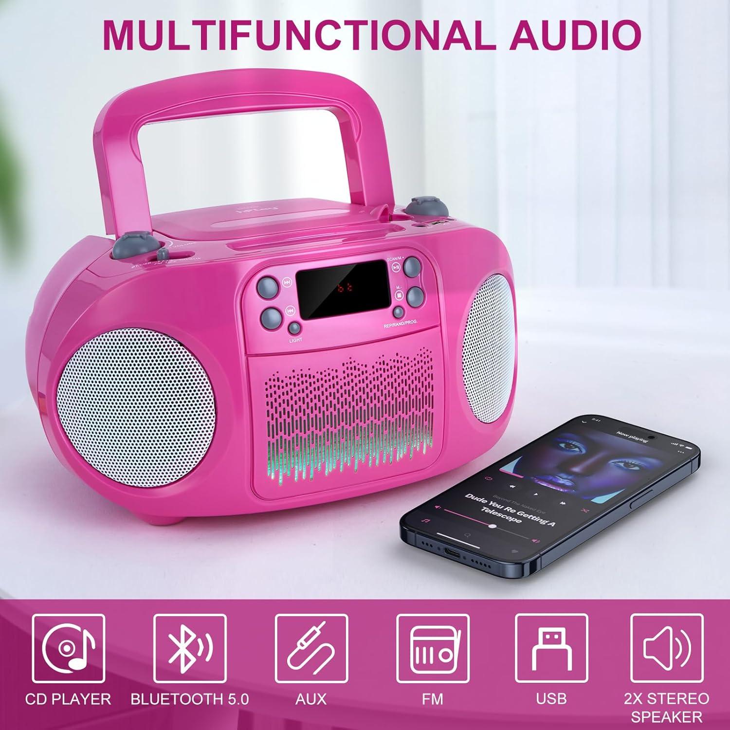 hPlay Kids Portable CD Player Boombox with Bluetooth & Multi-Color LED Lights - Pink Stereo Radio with USB/AUX, Karaoke Mic Input, MP3 Music Player for Girls