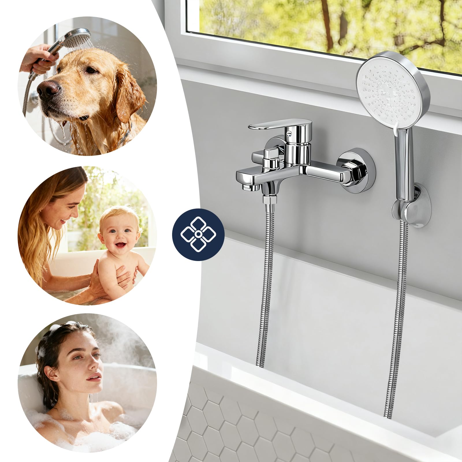Mitigeur de Baignoire Robinet de Baignoire Laiton Mitigeur Bain avec Bouton Central Rotatif avec Douchette 5 Jets,Robinet de Bain Mitigeur de Bain Robinet de Douche Mural pour Salle de Bain(Chromé-Z)