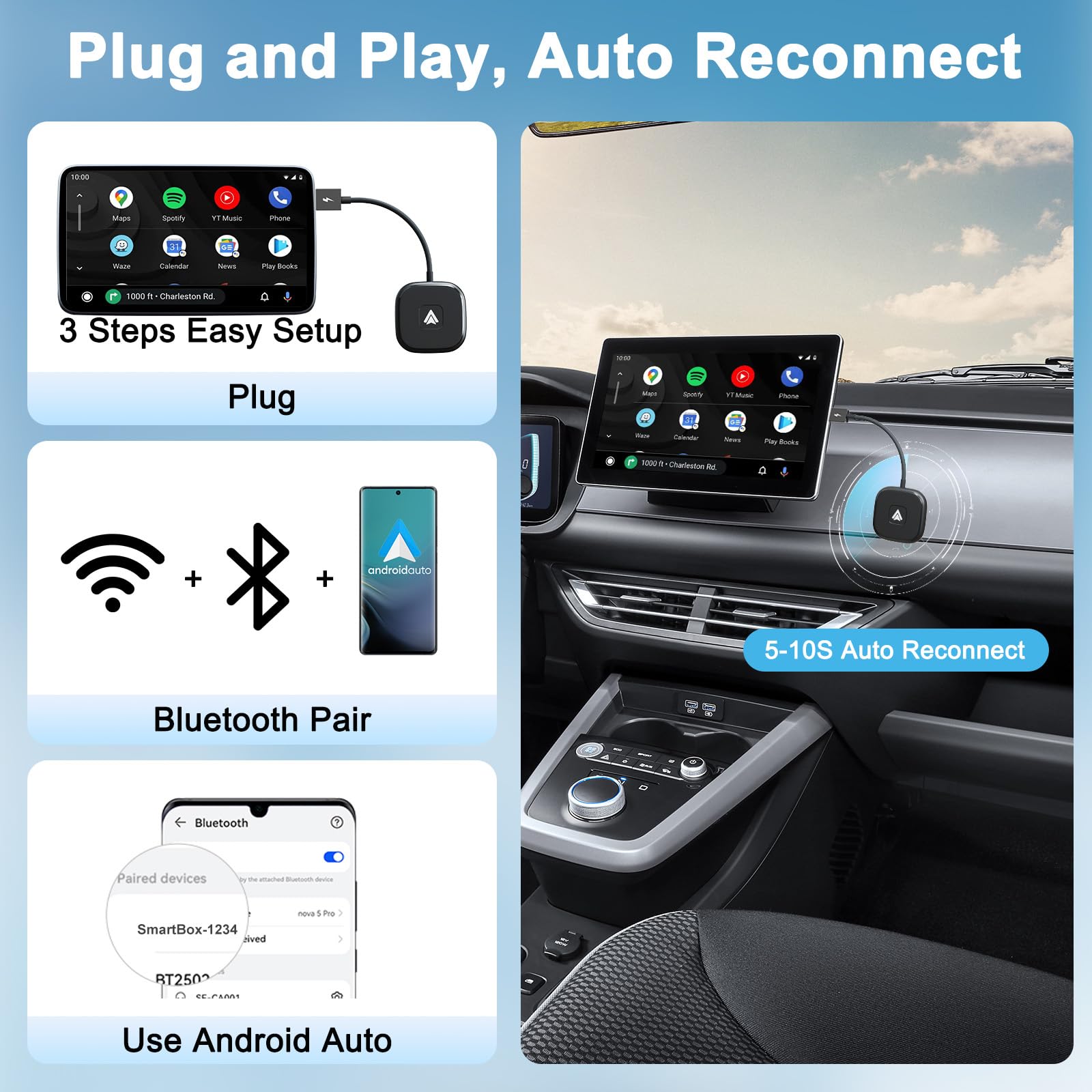 FEINODI Android Auto Wireless, Adattatore Wireless Android Auto A2A, Dongle Android Auto Senza Fili Plug e Play,Connessione Automatica, 5GHZ Trasmissione ad Alta Velocità per Auto 2017-2024