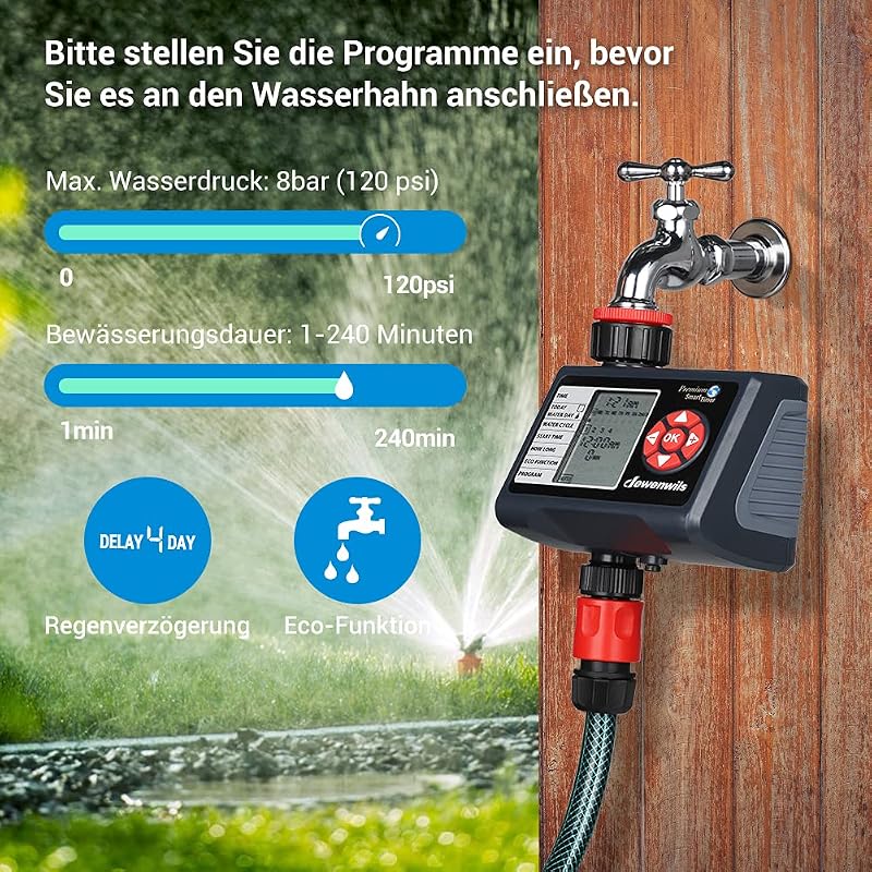 DEWENWILS Öntözésvezérlő - 4 Zónás Automata Öntözési Program, Kerti Locsolóóra Esőkésleltető Funkcióval, Víztakarékos Időzítő Gyephez, Feket