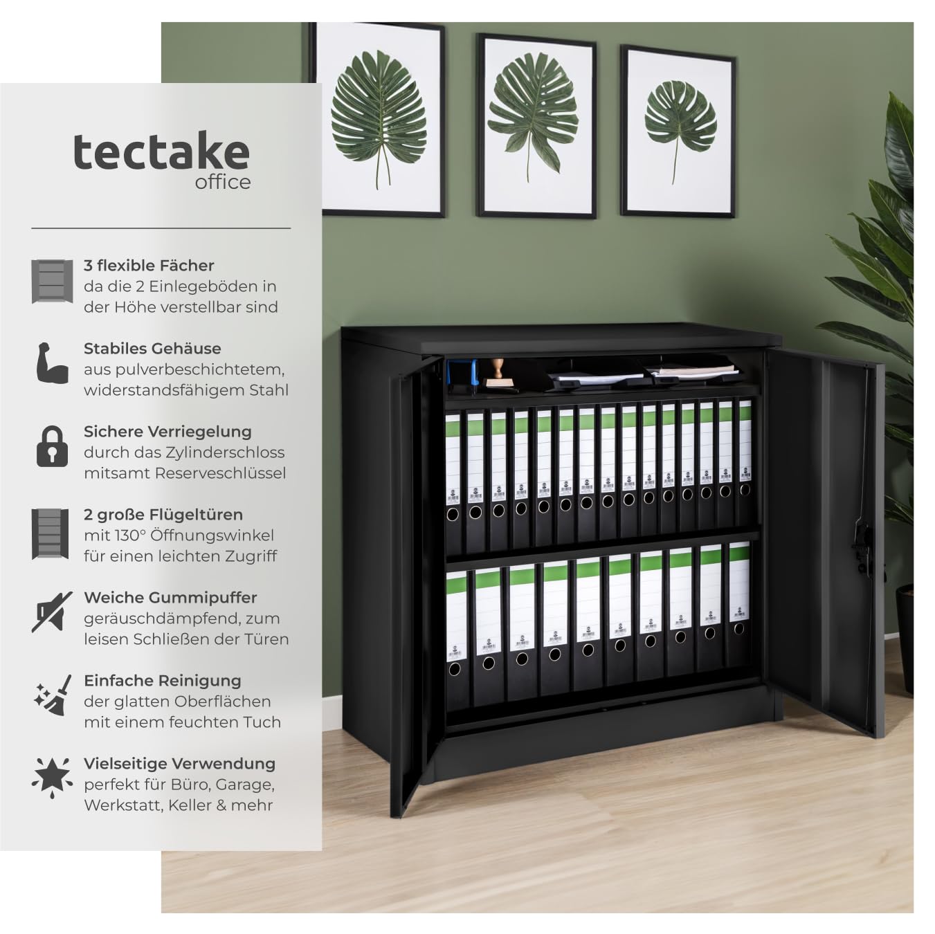 tectake® Aktenschrank abschließbar, Metallschrank mit Sicherheits-Zylinderschloss, Büroschrank abschließbar, Mehrzweckschrank aus Stahl, 3 höhenverstellbare Einlegeböden, 90 x 40 x 90 cm - schwarz