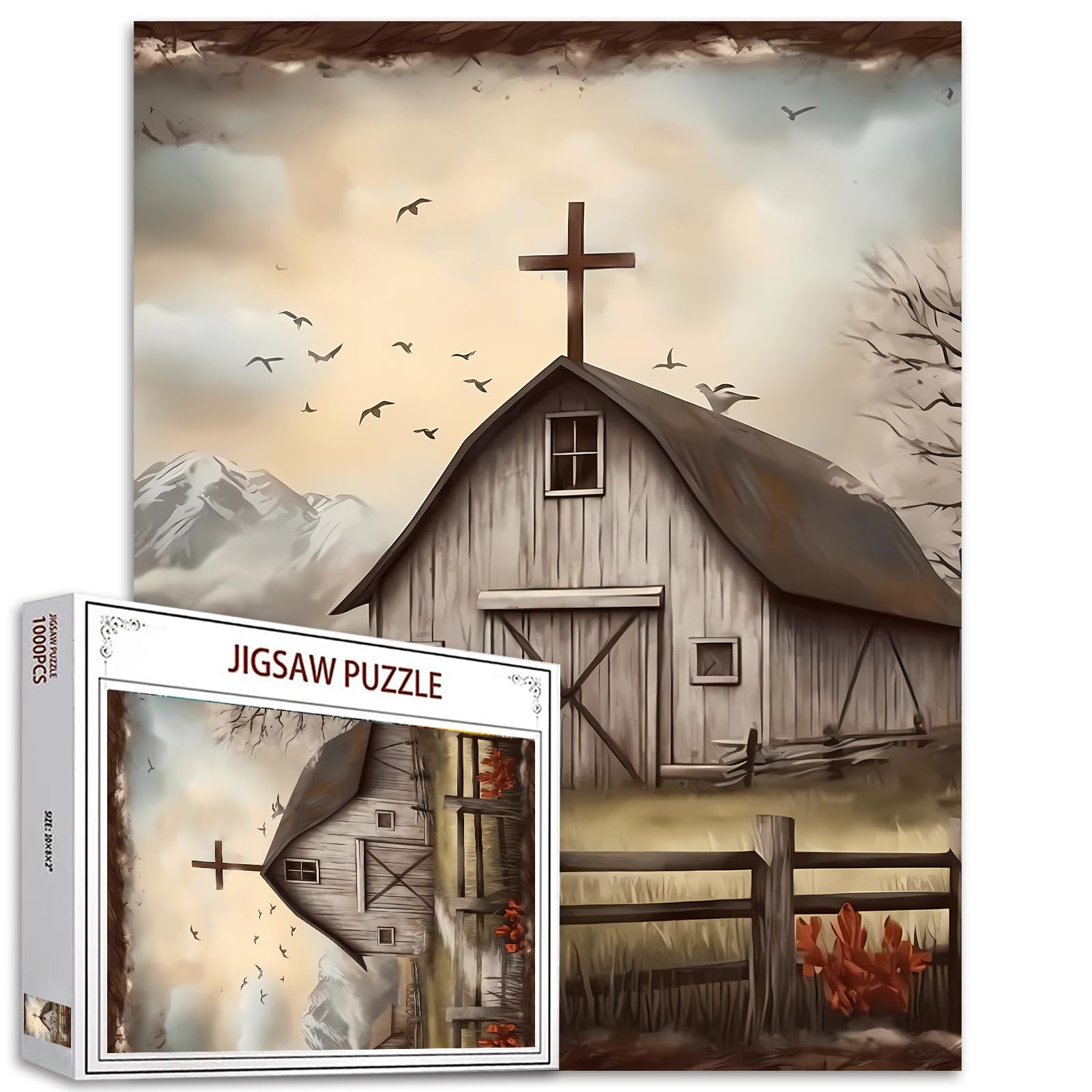 Thatched Cottage Cross Scenery Jigsaw Puzzle，Jesus Christian 1000 Pieces Jigsaw Puzzles for Adults，27 x 20 Inches Puzzles for Family，HD Quality Puzzle