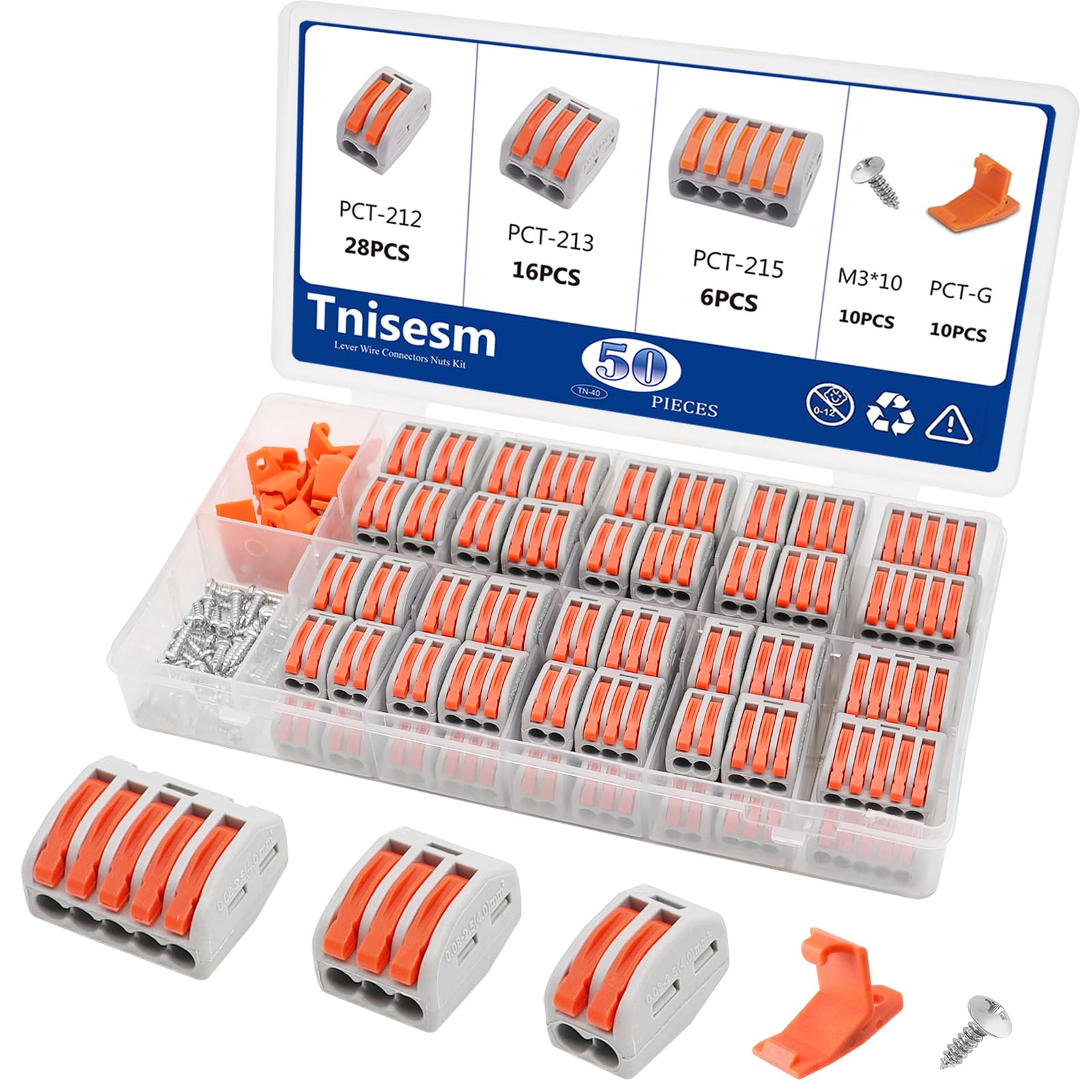 Tnisesm 50Pcs Lever Wire Connectors Nuts Assortment Kit 28-12 AWG with Bases&Screws, 2/3/4/5 Conductor Combination Quick Connect Electrical Insulated