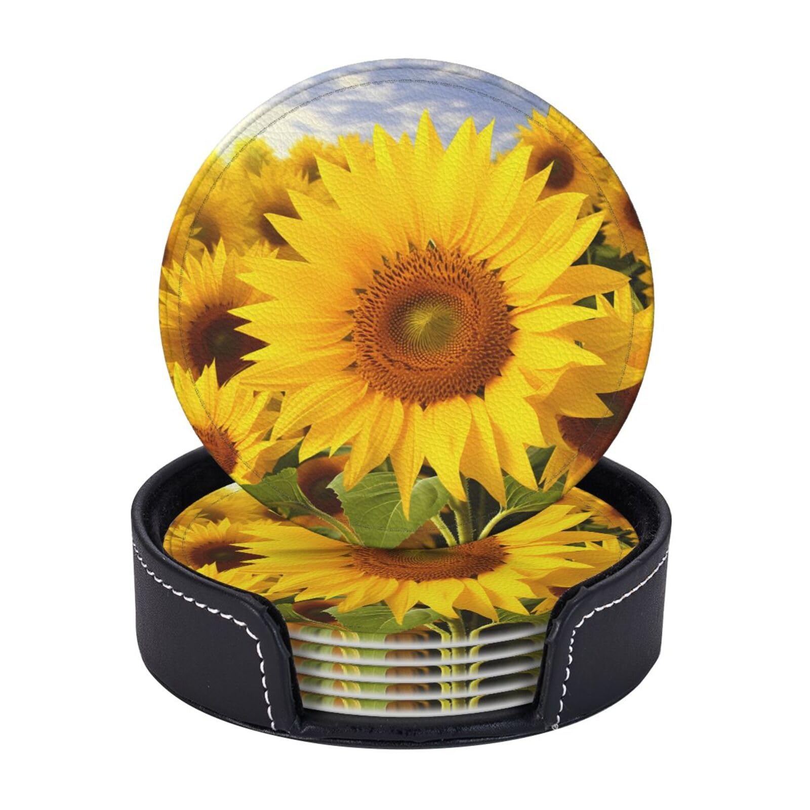 6Pcs PU Leather Coaster for Drinks, Sunflowers Cup Coasters with Holder, Aesthetic Drink Coasters for Coffee Table, Round Coaster for Tabletop Protection 4" Cup Mat Pad