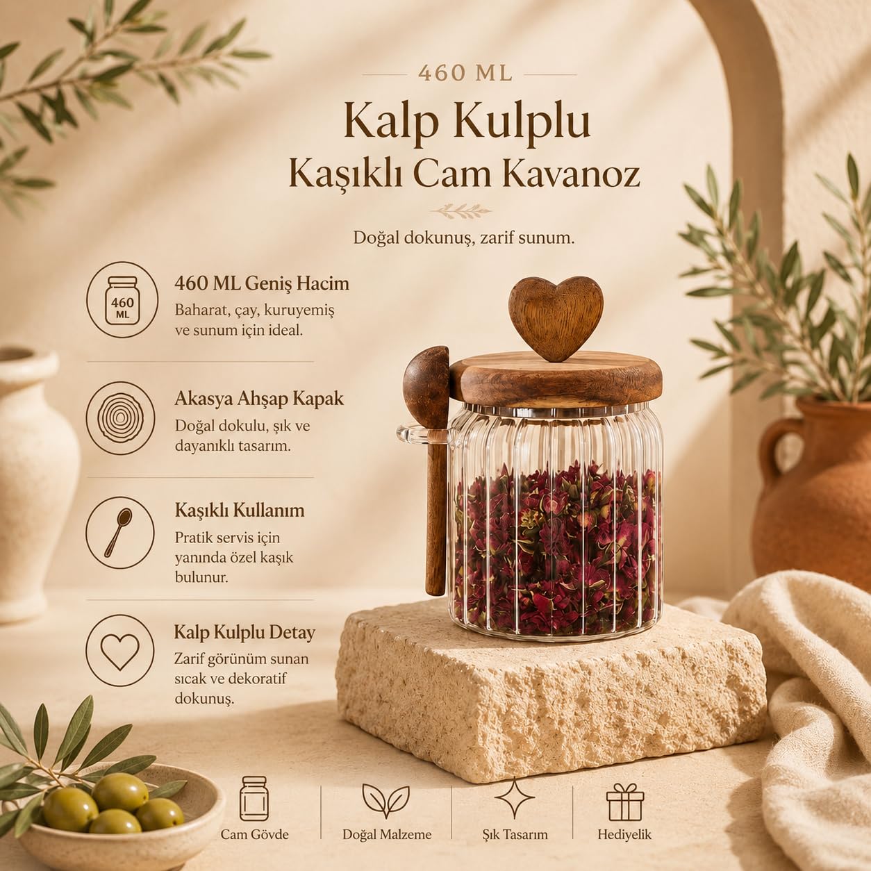 Poomy 460 ML Kalp Kulplu Kaşıklı Cam Kavanoz Akasya Ahşap Kapaklı Baharat Çay Kuruyemiş Saklama Kabı