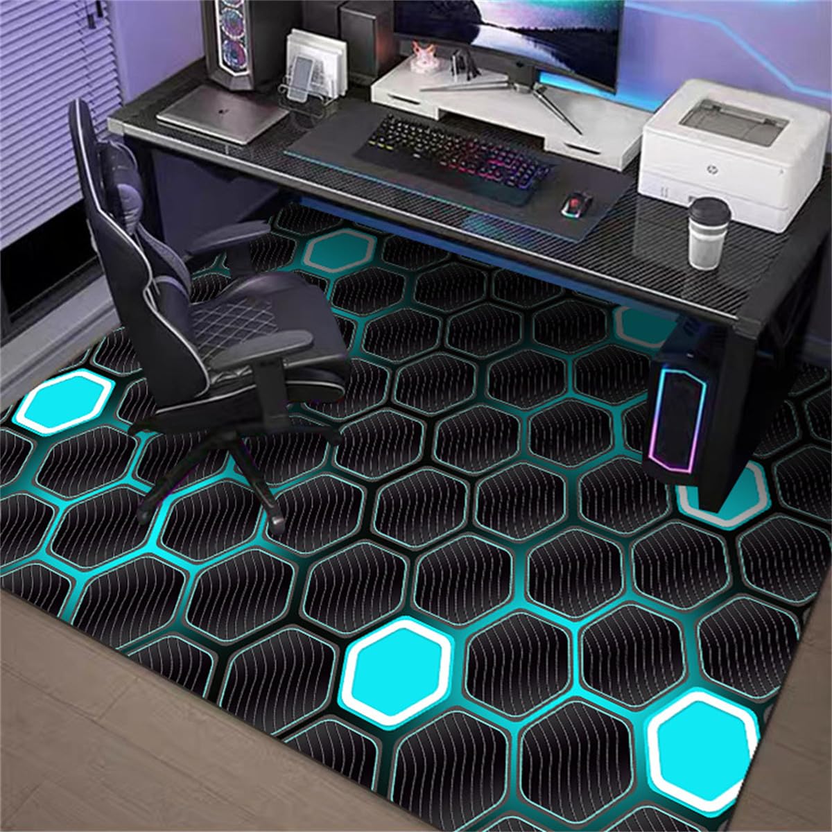 Highdi Office Chair Mat, Gaming Chair Mat for Hardwood & Tile Floor, Technology style Scratch Resistant Non-Slip Washable Desk Carpet for Home Office (Honeycomb,90x120cm)