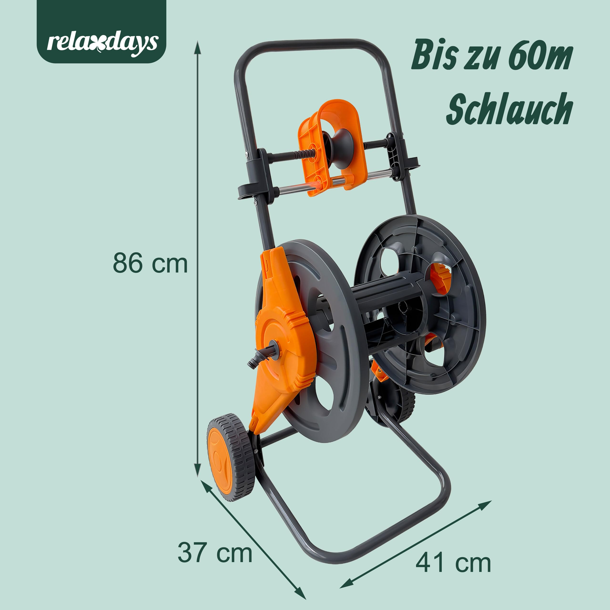 Relaxdays Schlauchwagen, 60 m, Klickkupplung, Schlauchführung, 2 Räder, Kunststoff, Stahl, Schlauchtrommel, grau/orange