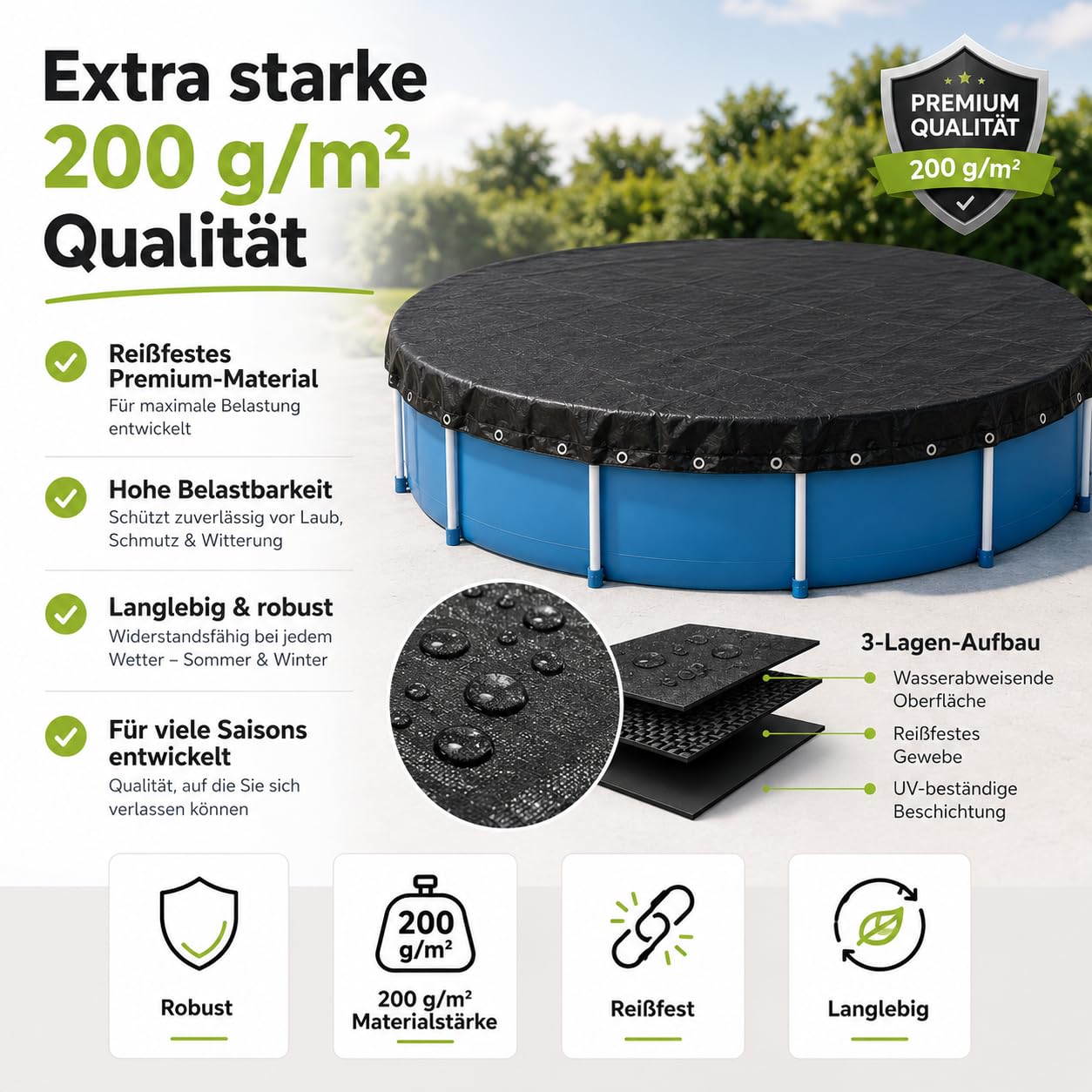 Bâche de piscine ronde - Extra forte 200 g/m² - Bâche solaire résistante aux UV pour été et hiver - Bâche de piscine robuste en noir (366-400 cm (Ø 460 cm)