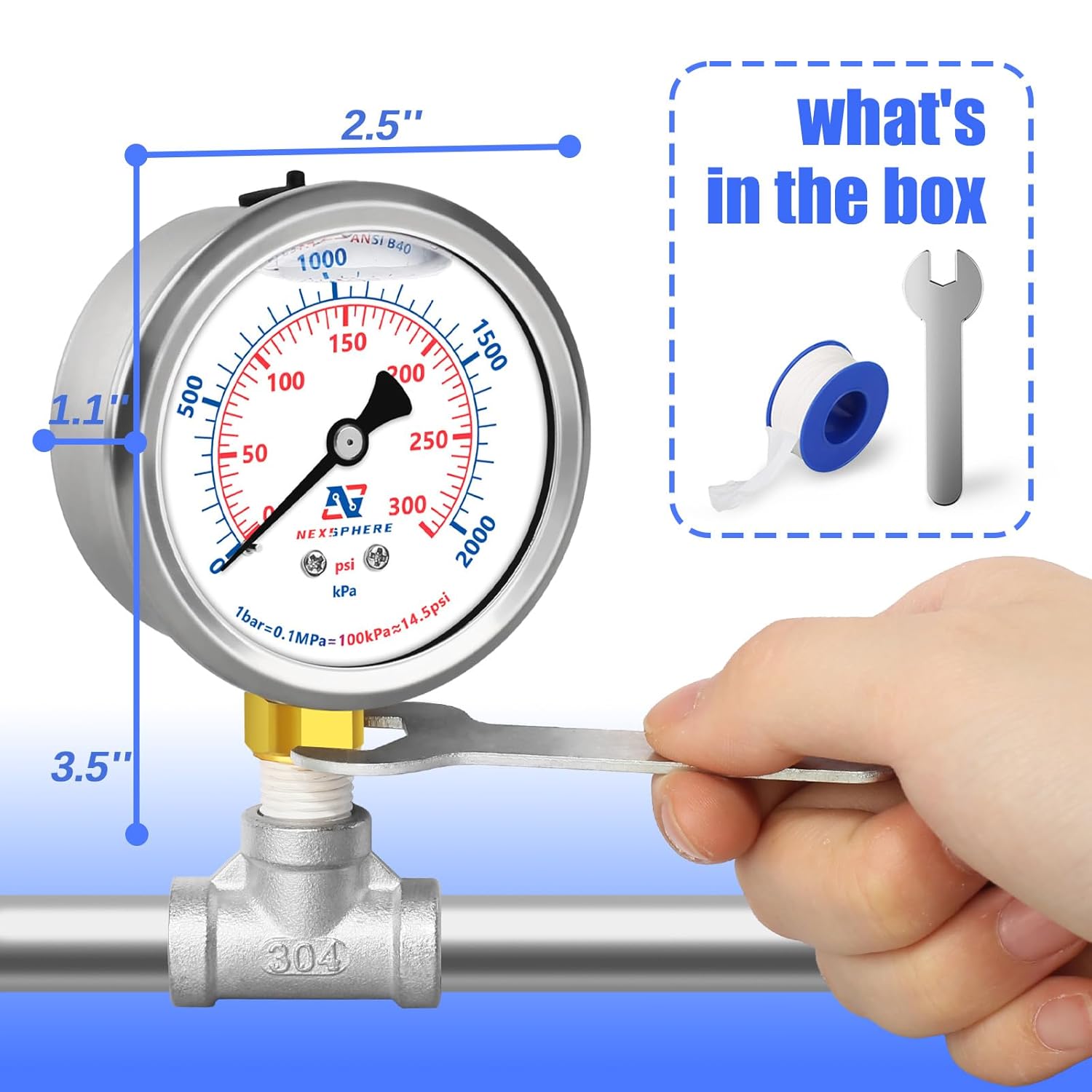 0-300 PSI Liquid Filled Pressure Gauge, 2.5" Dial, 1/4" NPT Lower Mount, 304 Stainless Steel Case, Glycerin-Filled Manometer for Air Compressor, Oil, Water, HVAC, and Gas Applications