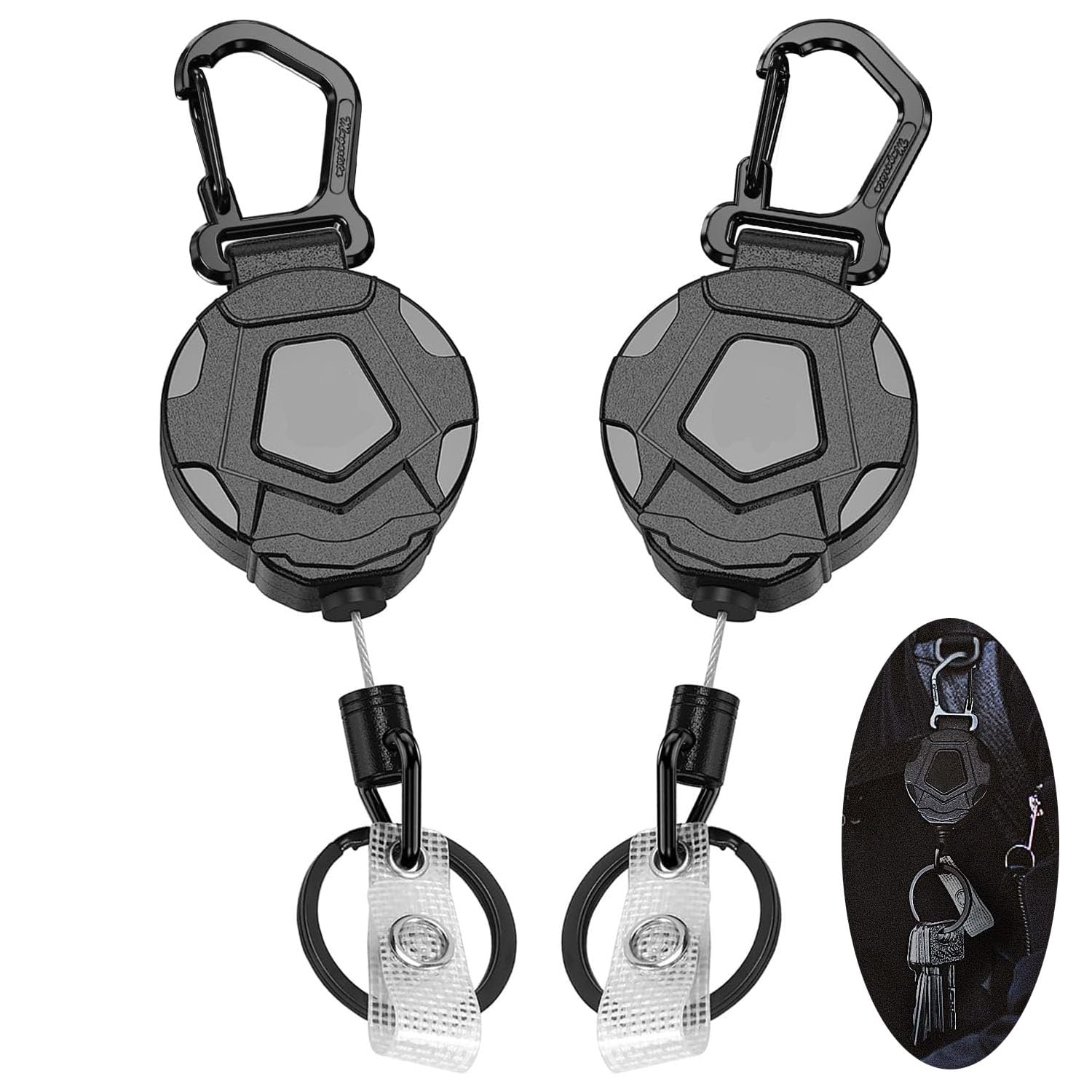 X spring Retractable Badge Reel Lanyard, 2 Pack Retractable Keychain, Heavy Duty Carabiner Badge Holder, ID Badge Reel with Steel Retractable Cord, Name Badge Reel Clips for Students Teachers Office