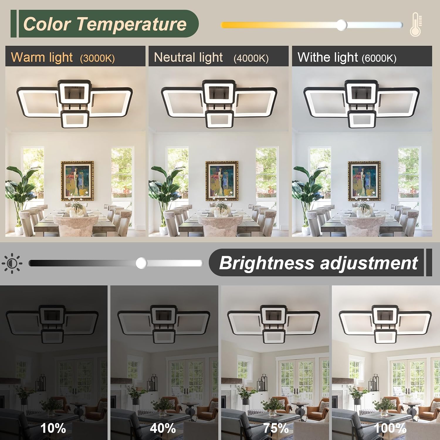 Modern Ceiling Lights 24" 42W, Dimmable Kitchen Lighting Fixtures Ceiling, 3000-6500K Light Fixture Ceiling Mount with Remote Control, Black Square LED Ceiling Light for Bedroom