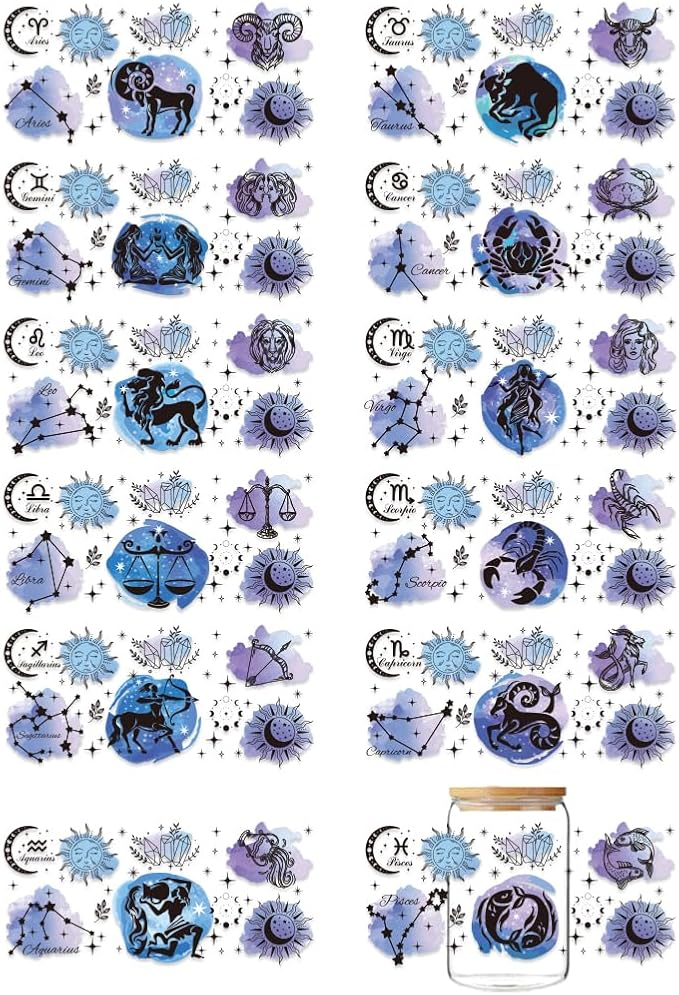 12 Sheets UV DTF Cup Wrap Transfer Stickers, Star Sign Rub on Decals Scorpio Leo Virgo UV DTF Cup Wraps Zodiac Sign Waterproof Personalized Stickers for Bottles Drink Jam Container