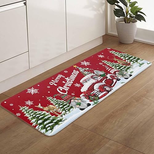 Miniatura 7 de Tapetes de cocina de gnomo de Navidad para piso, 2 piezas, camión rojo con árbol de Navidad, regalos de alce, antideslizantes, juego de alfombras de