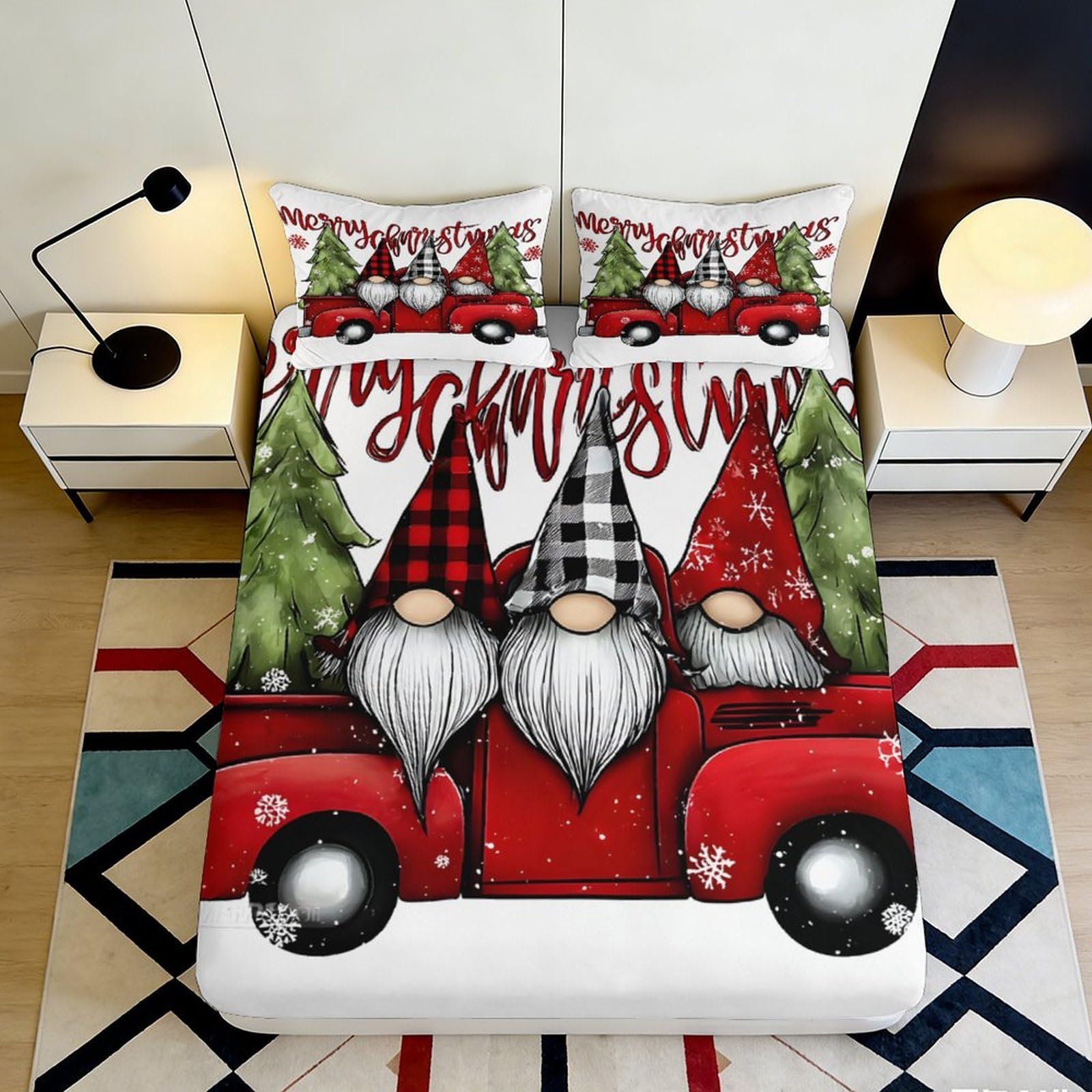 3D Printed Christmas Gnome Fitted Sheet Microfiber Red Truck Bed Cover for Bedroom Guest Room Mattress Protection Decor 90x200x25cm