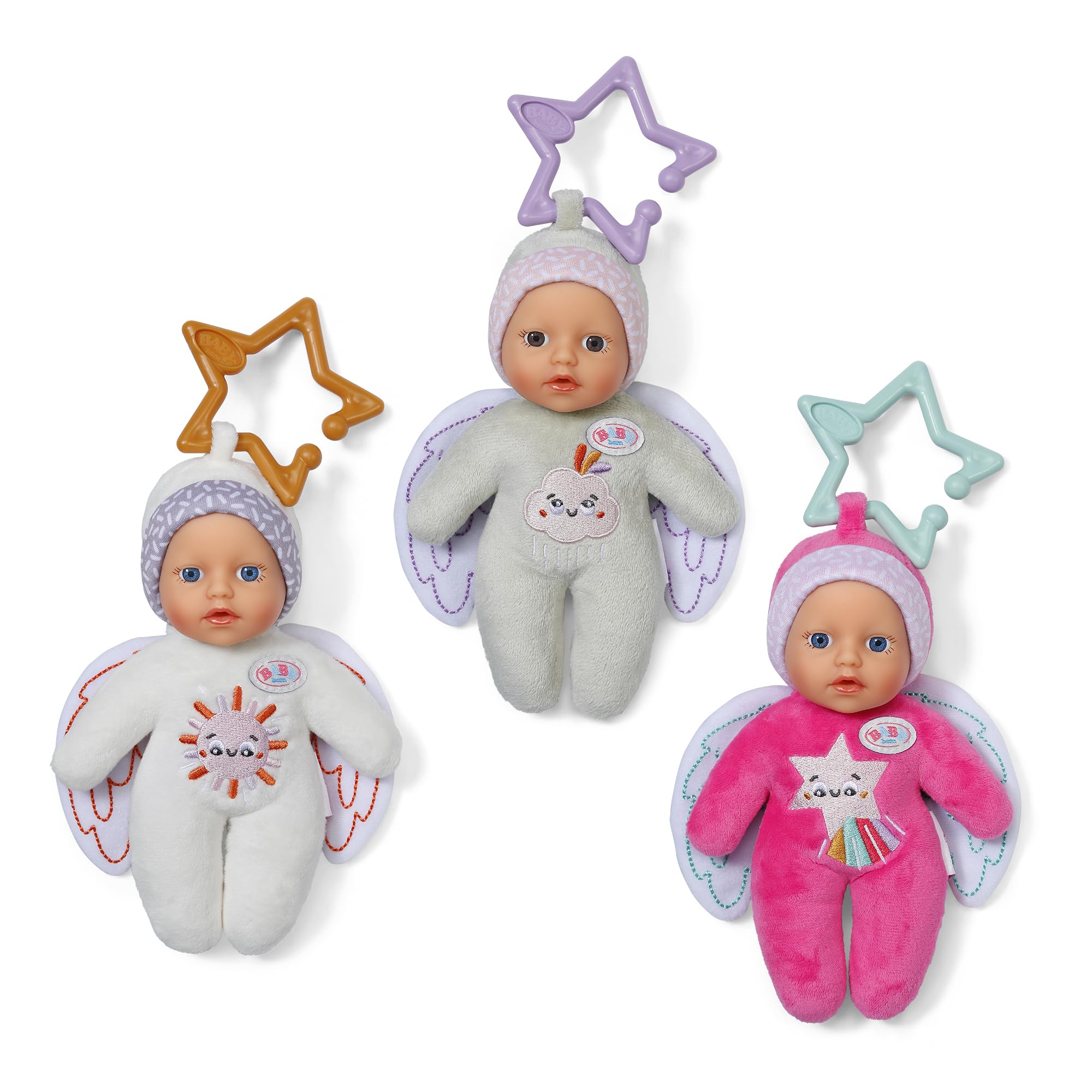 BABY born for babies Angel soft doll teething toy with rattle, 3 assorted colours. Style may vary. Suitable for newborns.