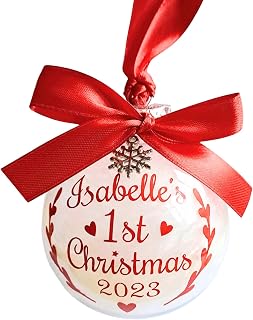 Personalised Bauble Printed with your Baby's Name! ~ Baby's First 1st Christmas 2023 ~ Ribbon/Print available in Red, Gold, Silver, Pink, Blue!