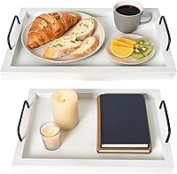 Vista 11 de Besti Bandejas rústicas vintage para servir comida (juego de 2) Tabla de madera anidable con asas de metal Elegantes bandejas de servir