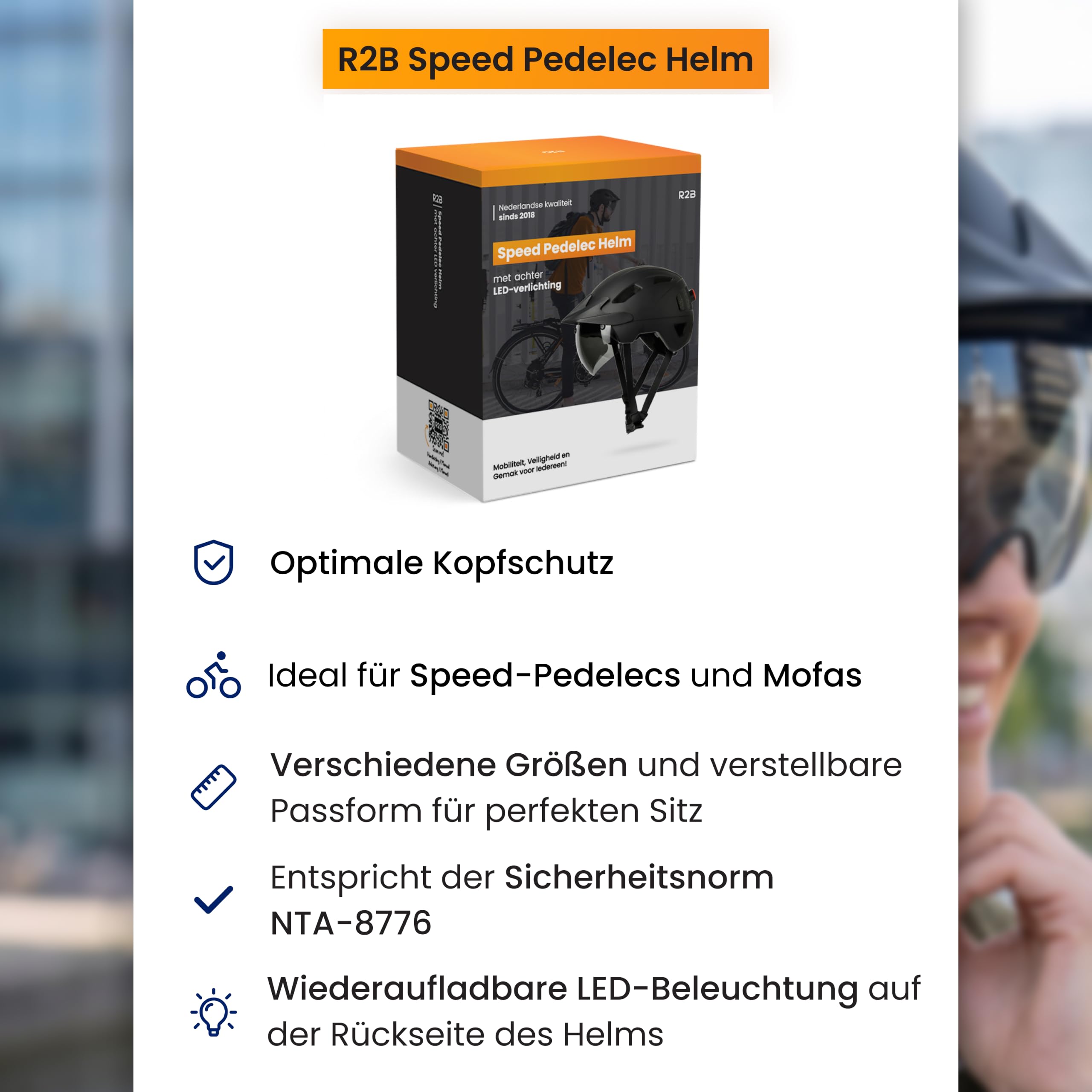 R2B Speed Pedelec Helm mit LED Beleuchtung, Abnehmbares Visier, NTA Certified, Fahrradhelm Damen & Herren, leichter Schnorchelhelm, s Pedelec Helm