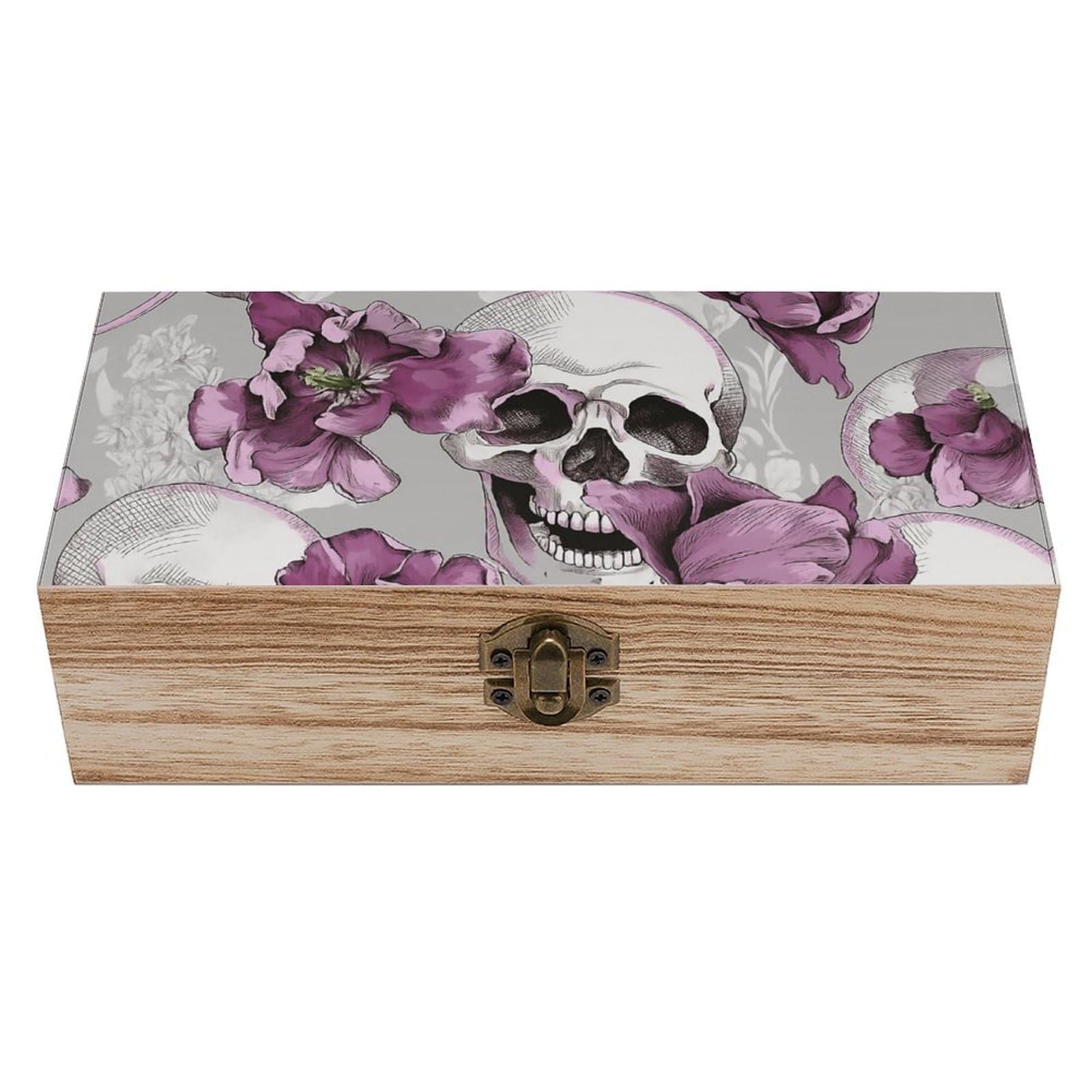 SMAZDFXX Skulls & Vilolet Flowers Wooden Storage Box Multipurpose Decorative Box for Jewelry Photo Home Decor
