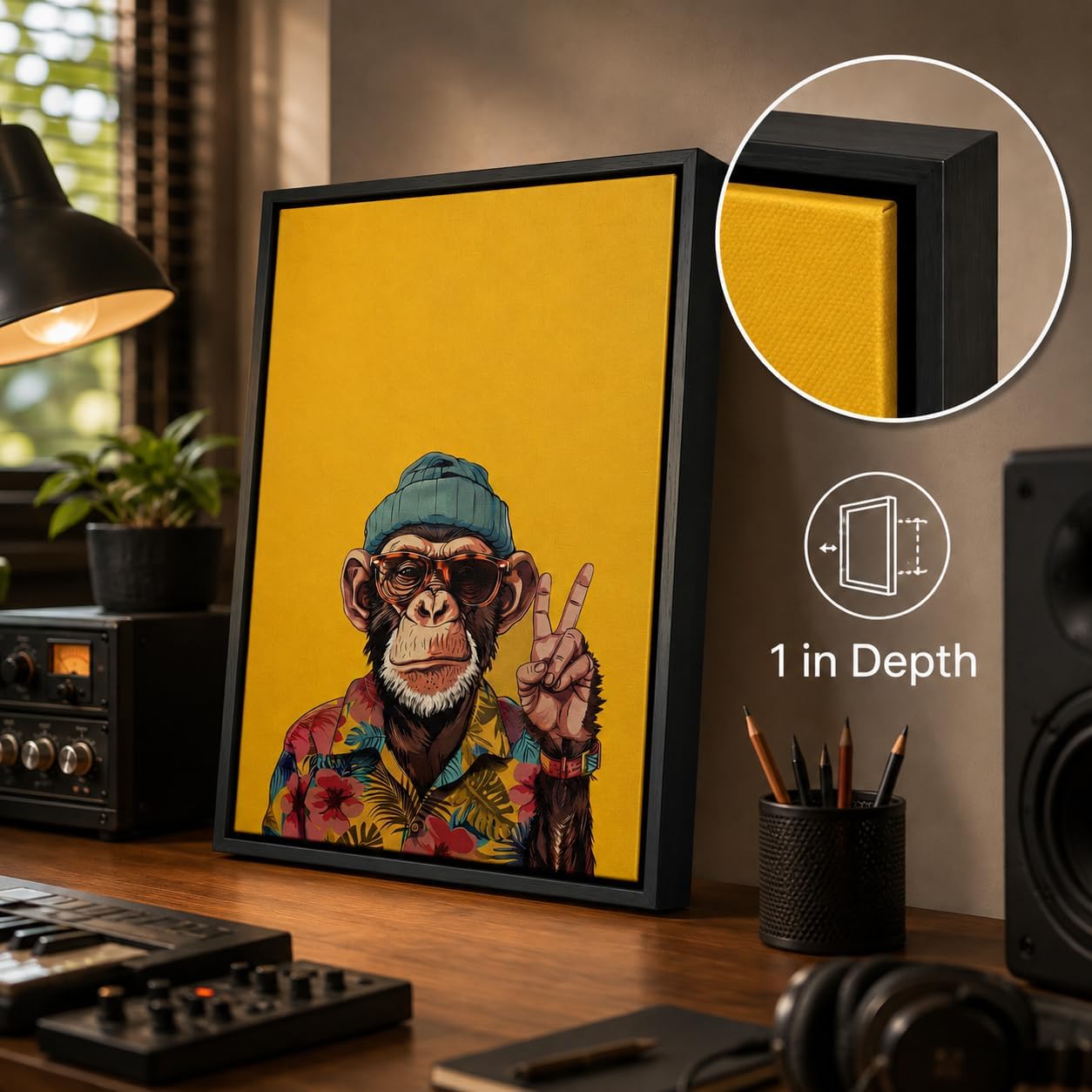 Framed Monkey Canvas Wall Art, Chimpanzee with Sunglasses Painting Picture Wall Decor, Yellow Background Animal Poster Print Artwork for Bedroom Living Room Office Home Decoration 8x10in image 3