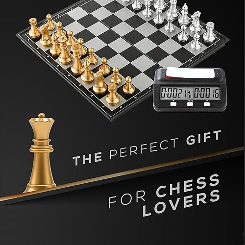 Miniatura 2 de Juego de mesa de ajedrez magnético y reloj de ajedrez digital, profesional y portátil, tablero de ajedrez de 14 x 14 pulgadas, ajedrez de viaje,