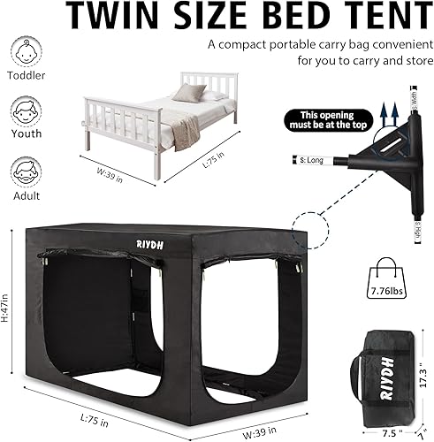 Miniatura 6 de RIYDH Tienda de campaña con dosel de cama individual para adultos, tienda de campaña portátil de ensueño para interiores, 70% de opacidad con 3