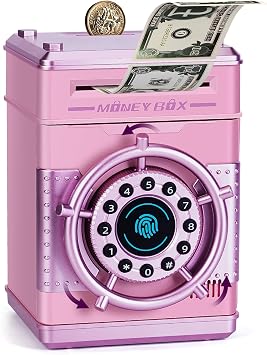 Thedttoy Money Box,ATM Piggy Bank with Simulated Fingerprint,Digital PIN Money Saving Box with Auto-Spin Unlock Money Safe for Kids,Girls Birthday Presents for Age 3,4,5-Pink
