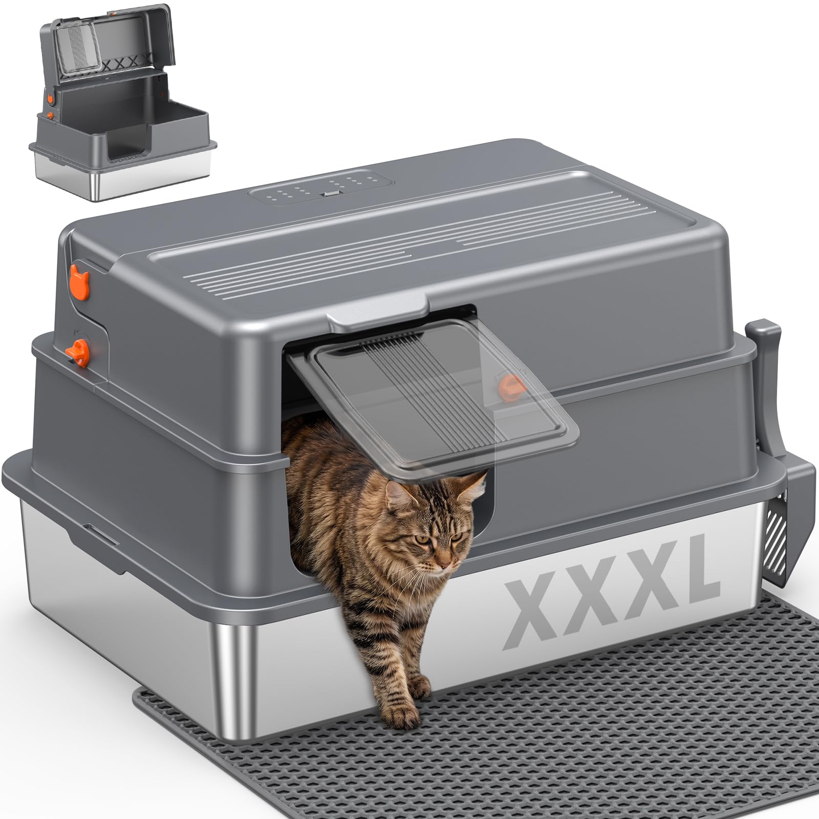 XXXL Stainless Steel Cat Litter Box – Extra Large Open High-Sided Metal Litter Tray, Removable Deep Pan for Easy Cleaning, Non-Stick Anti-Leakage, Deep Grey