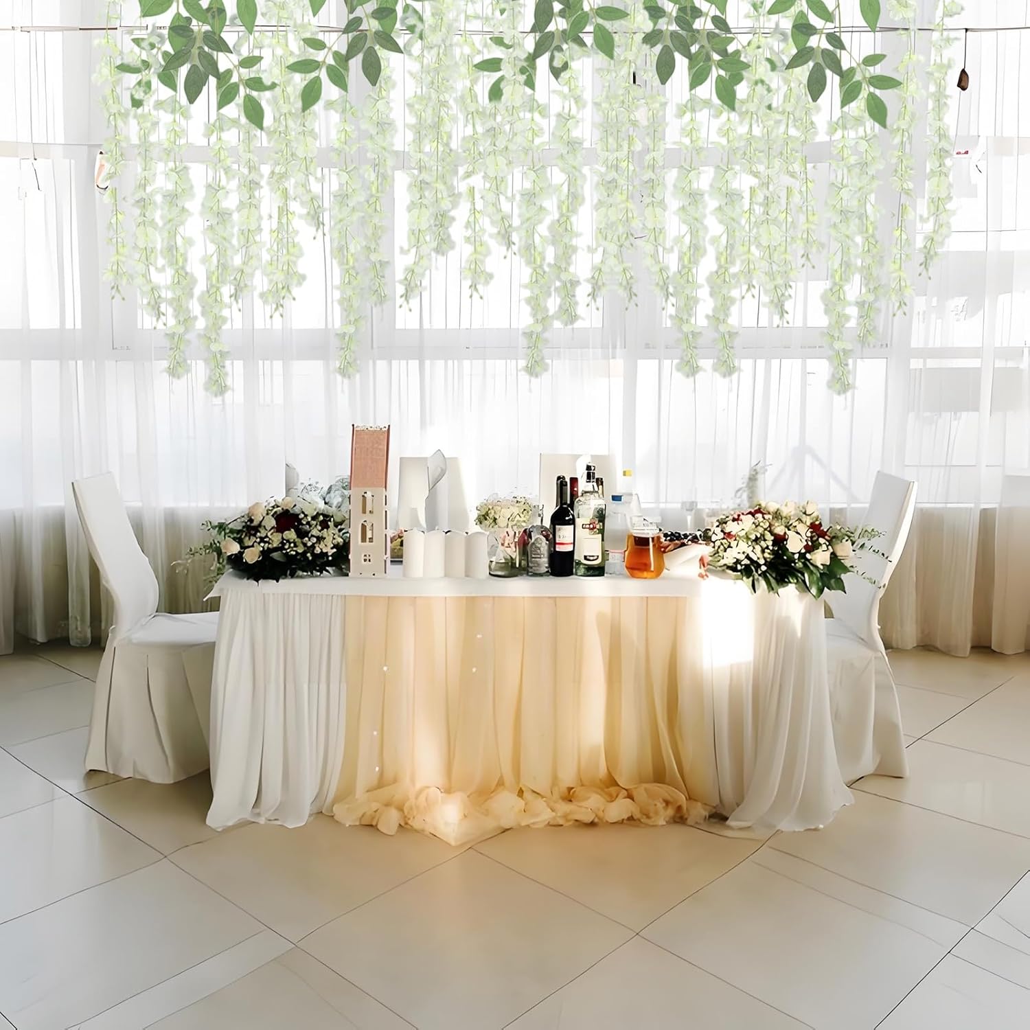 BIRDDIE 24Pcs of Artificial Wisteria Hanging Flowers, 3.75 Feet Fake Wisteria Flower Strings for Backdrop, Wedding, Ceremony,Garden and Home Wall Decoration (White)