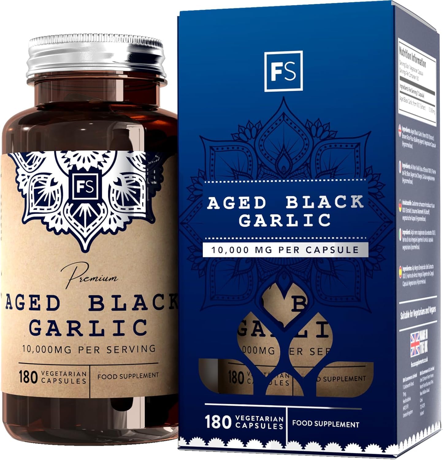 FS Garlic Capsules | 180 Odourless-Garlic Capsules - 10,000mg Extract per Serving | Aged Black Garlic Supplement | Garlic High Strength | Non-GMO, Gluten & Allergen Free | Made in The UK