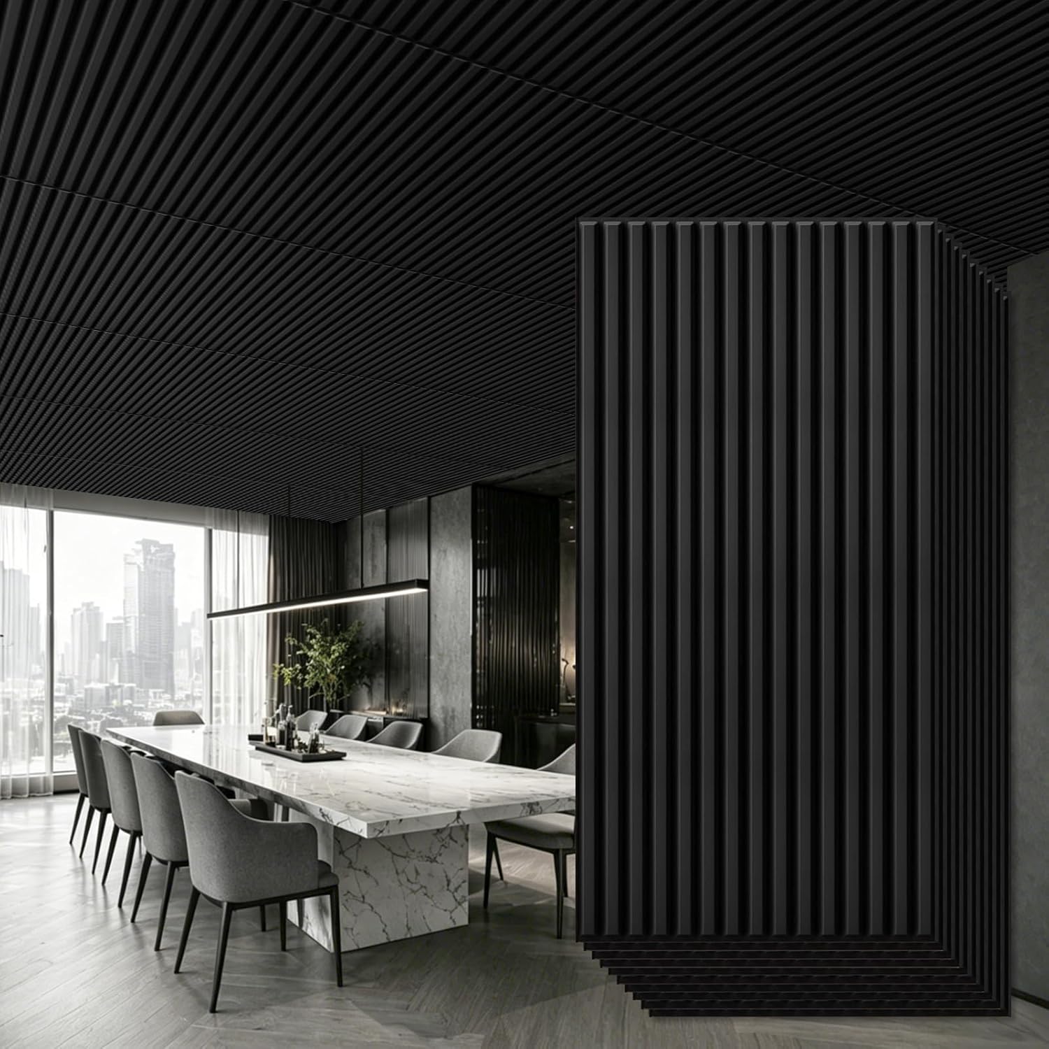 Qidejoy 12 Pcs 3D PVC Slat Wall Panels, 2x4 FT Decorative Drop Ceiling Tiles, Fluted Textured Paneling Modern DIY Wall Art for Interior Decor, Living Room, Bathroom, TV Background, Office (Black)