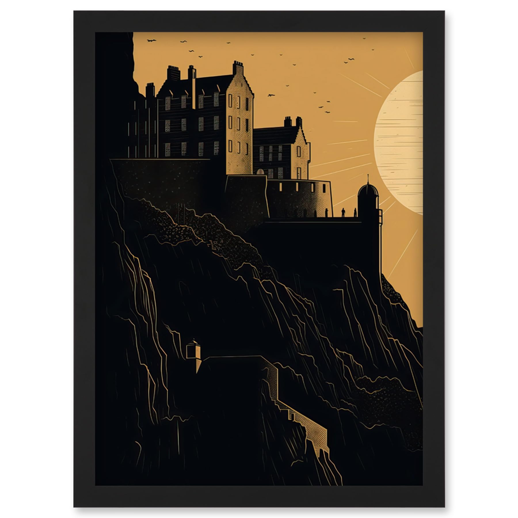 Artery8 Edinburgh Castle at Sunset Linocut Illustration Artwork Framed Wall Art Print A4