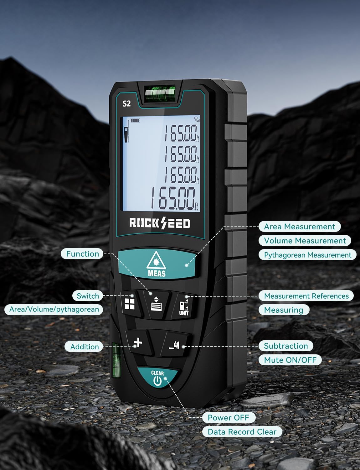 Diagram of the RockSeed S2 Laser Distance Meter with labels for each button and its function.