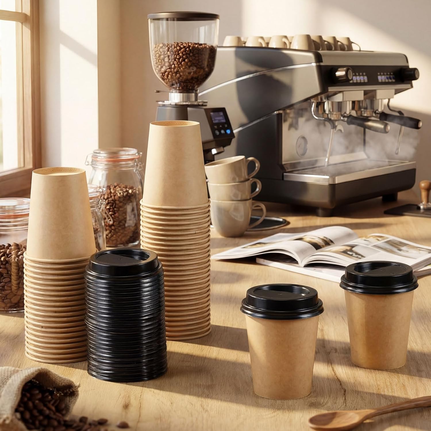100 Sets 8 oz Disposable Espresso Cup with Lids Mini Coffee Kraft Paper Shots Cups for a Shot, Espresso, Tea, Hot Chocolate and Cold Beverages for Travel Office