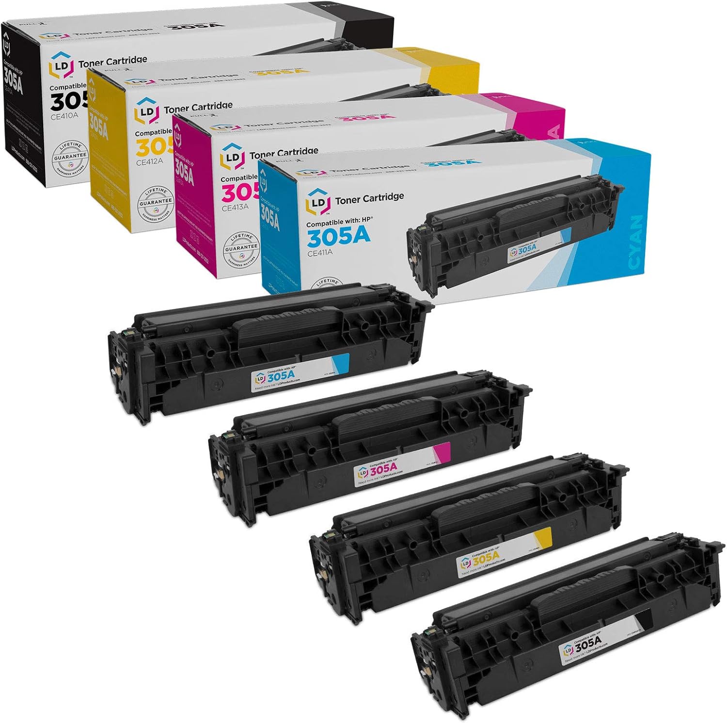 LD Products Compatible Toner Cartridge Replacement for (4-Pack, Black, Cyan, Magenta, Yellow) HP 305A Works with LaserJet Pro 300 Color MFP M375nw, 400 Color: M451dn, M451dw, MFP M451nw