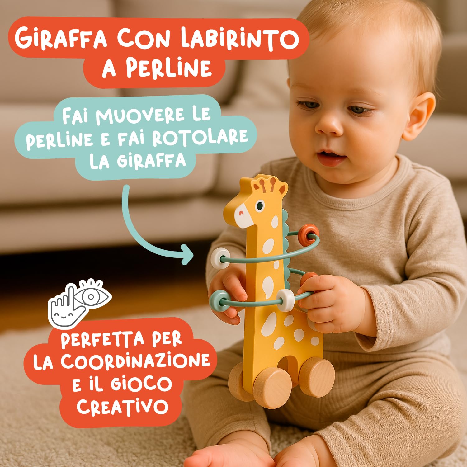 Nene Toys Giochi Bambini 1 Anno – Giocattolo Montessori Didattici in Legno con Blocchi Sensoriali, Pioggia Sonora, Labirinto Giraffa & Anelli da Impilare – Regalo Educativo Bimbo Bimba 1 2 Anni