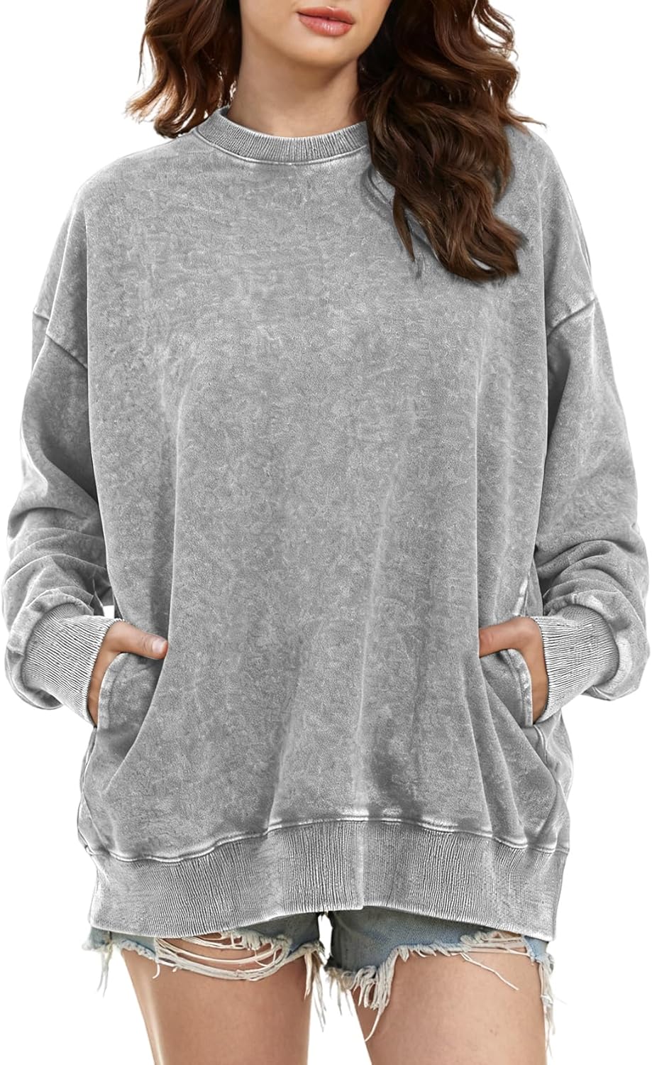 Wyeysyt Oversized Sweatshirt for Women Crewneck Cotton Sweatshirts Vintage Acid Wash Baggy Pullover with Pocket Y2k