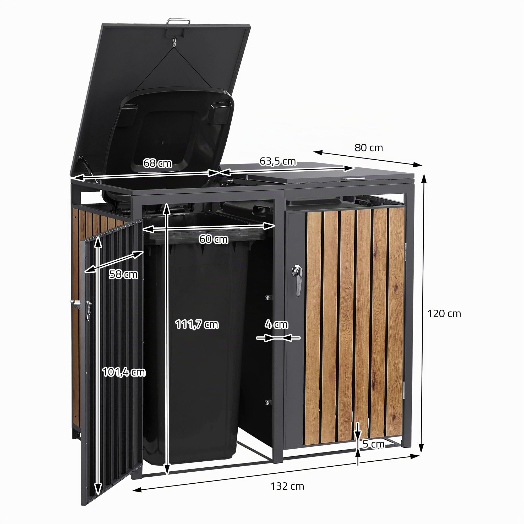 ML-Design Mülltonnenbox 3er 240L, Mülltonnenverkleidung für 3 Mülltonnen, Müllbox wetterfest, Mülltonnenhaus aus Stahl, Müllcontainer mit Deckel, abschließbare Tür, 200x80x120 cm Anthrazit-Holzoptik