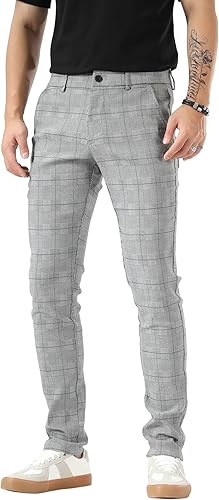 Plaid&Plain Pantalones a cuadros para hombre, pantalones de vestir ajustados para hombre, pantalones chinos ajustados para hombre