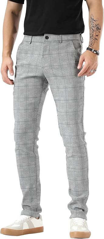 Plaid&Plain Mens Plaid Pants Skinny Dress Pants for Men Skinny Chino Pants Men