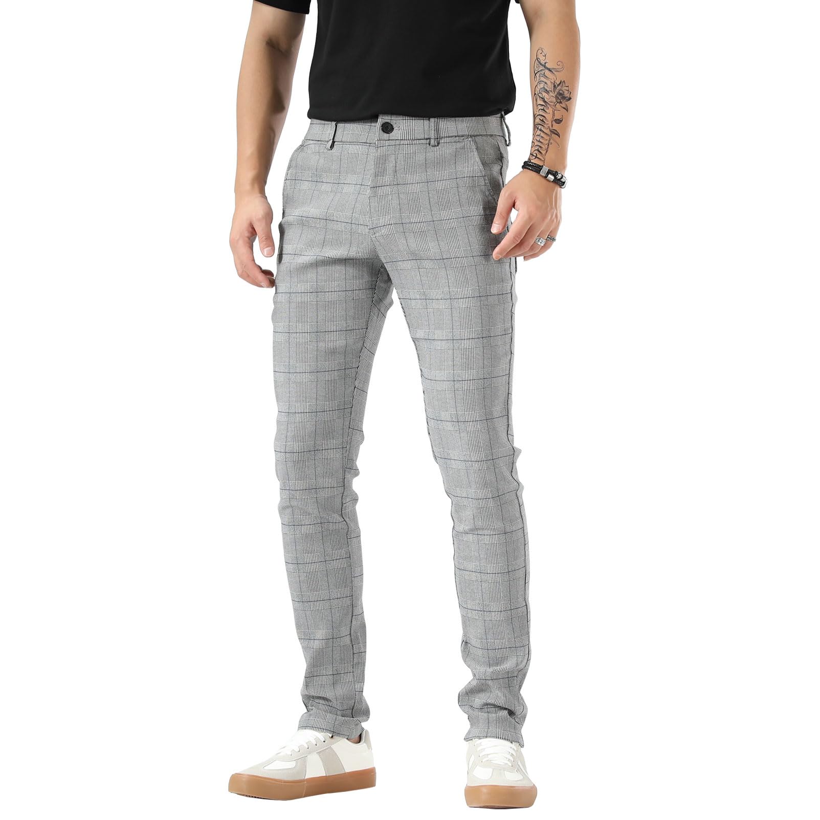 Plaid&Plain Men's Plaid Pants Skinny Dress Pants for Men Skinny Chino Pants Men