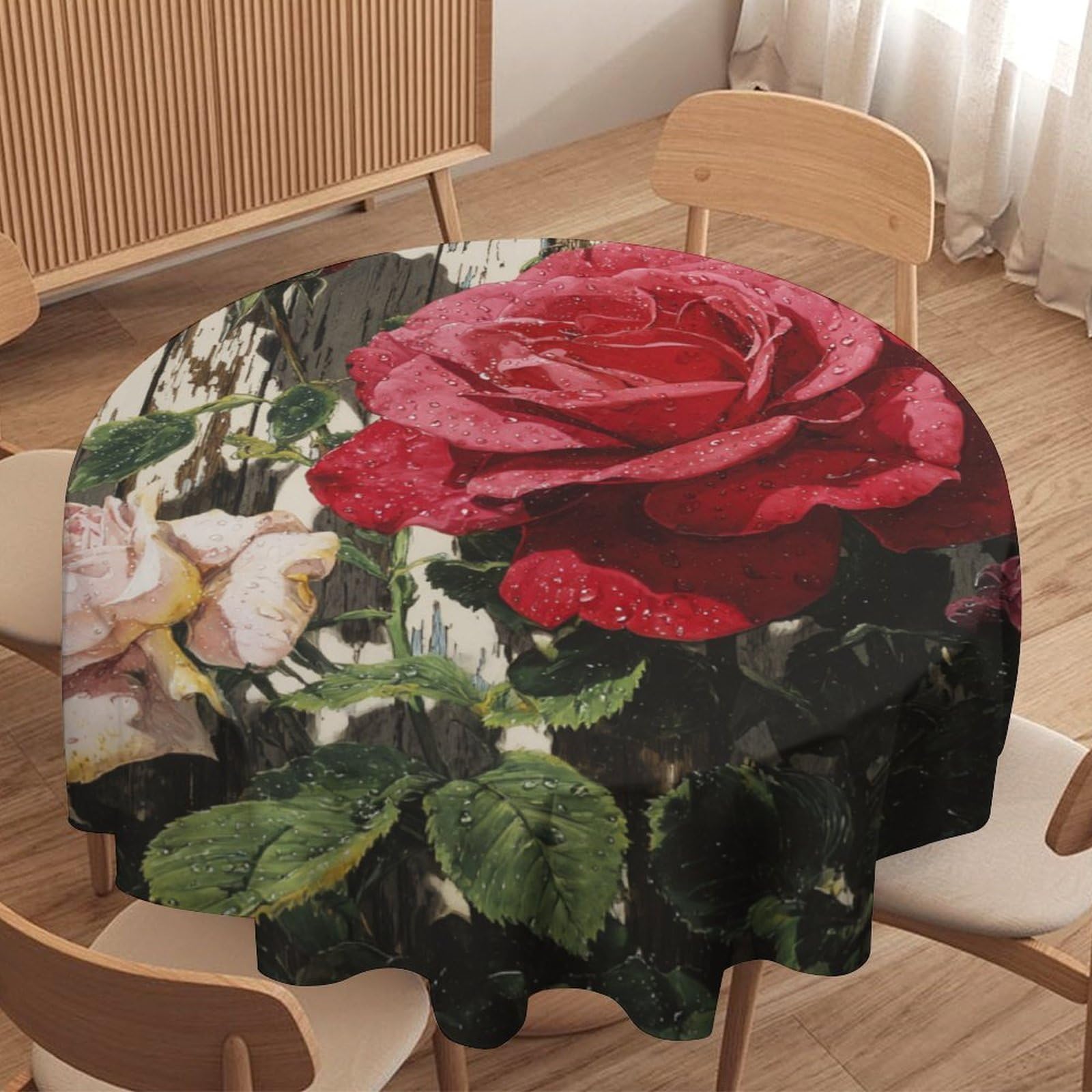 LUYYSKY Modern Beautiful Red Roses Waterproof Round Tablecloth Retro Fantasy Wooden Board Botanical Roses Flowers Washable Table Cover for Kitchen-177.8" Wx177.8 L cm