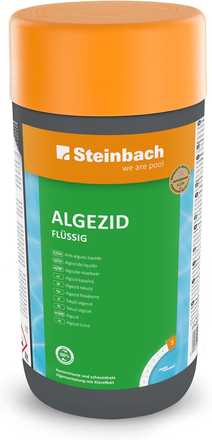 Steinbach Poolpflege Algezid flüssig - 0753505TV00-5 l - Schaumfrei &amp; hochkonzentriert - Verhindert Algenwachstum &amp; entfernt Trübstoffe - Für klares Wasser mit Langzeitwirkung