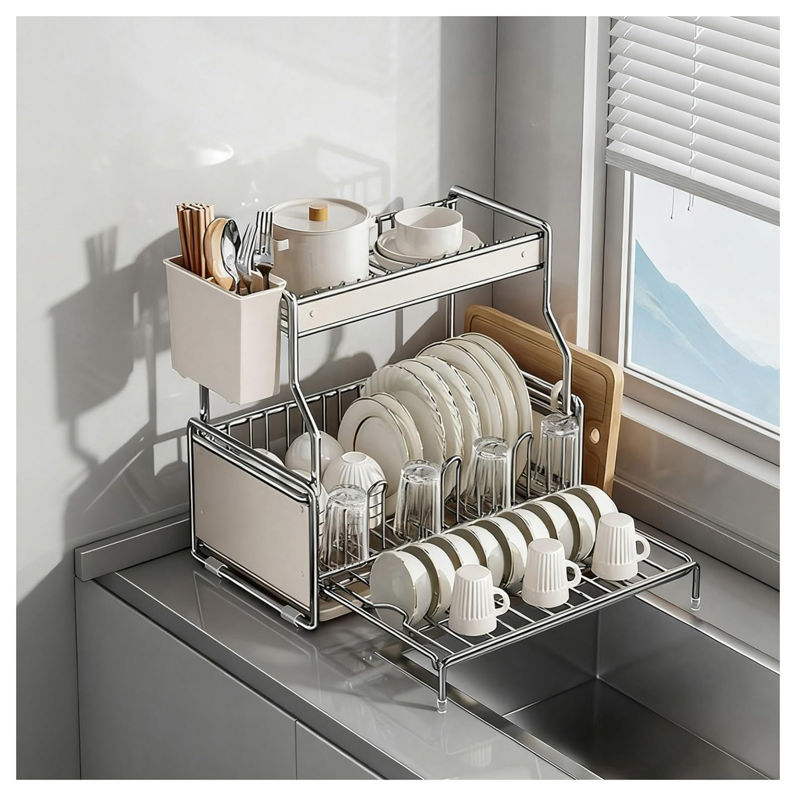 Escurridor de Platos 2 Niveles para encimera Cocina,escurridor Inferior expandible Gran Capacidad con escurridor/Utensilios,Plato Drenaje Desmontable Acero al Carbono(2 B)