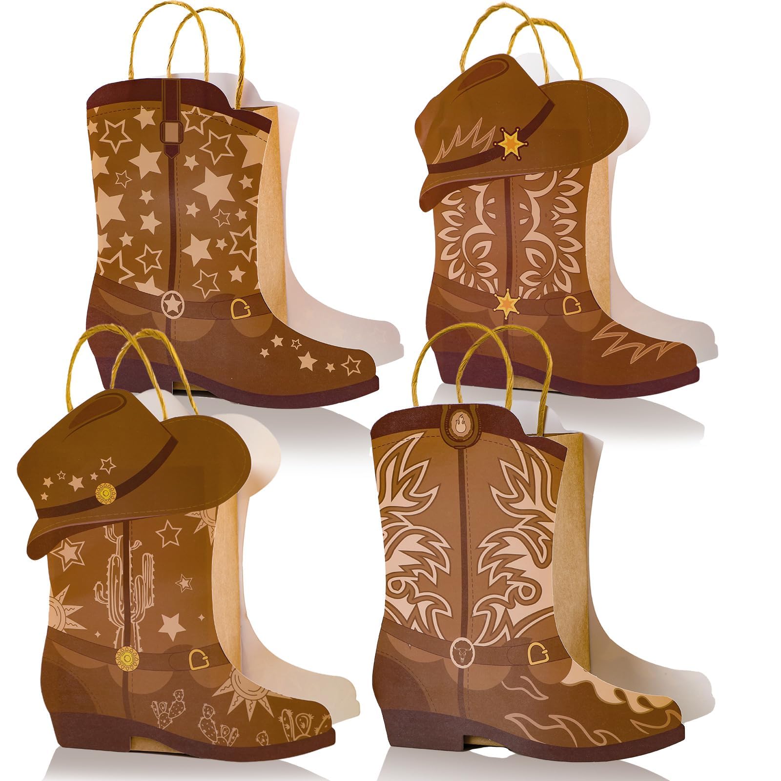 12Pcs Cowboy Boots Paper Bags Western Theme Party Decorations Favors Wild West Kraft Gift Bag with Handles Rodeo Cowgirl Boot Hat Goodie Bag for Cowboy Birthday Bachelorette Baby Shower Party Supplies