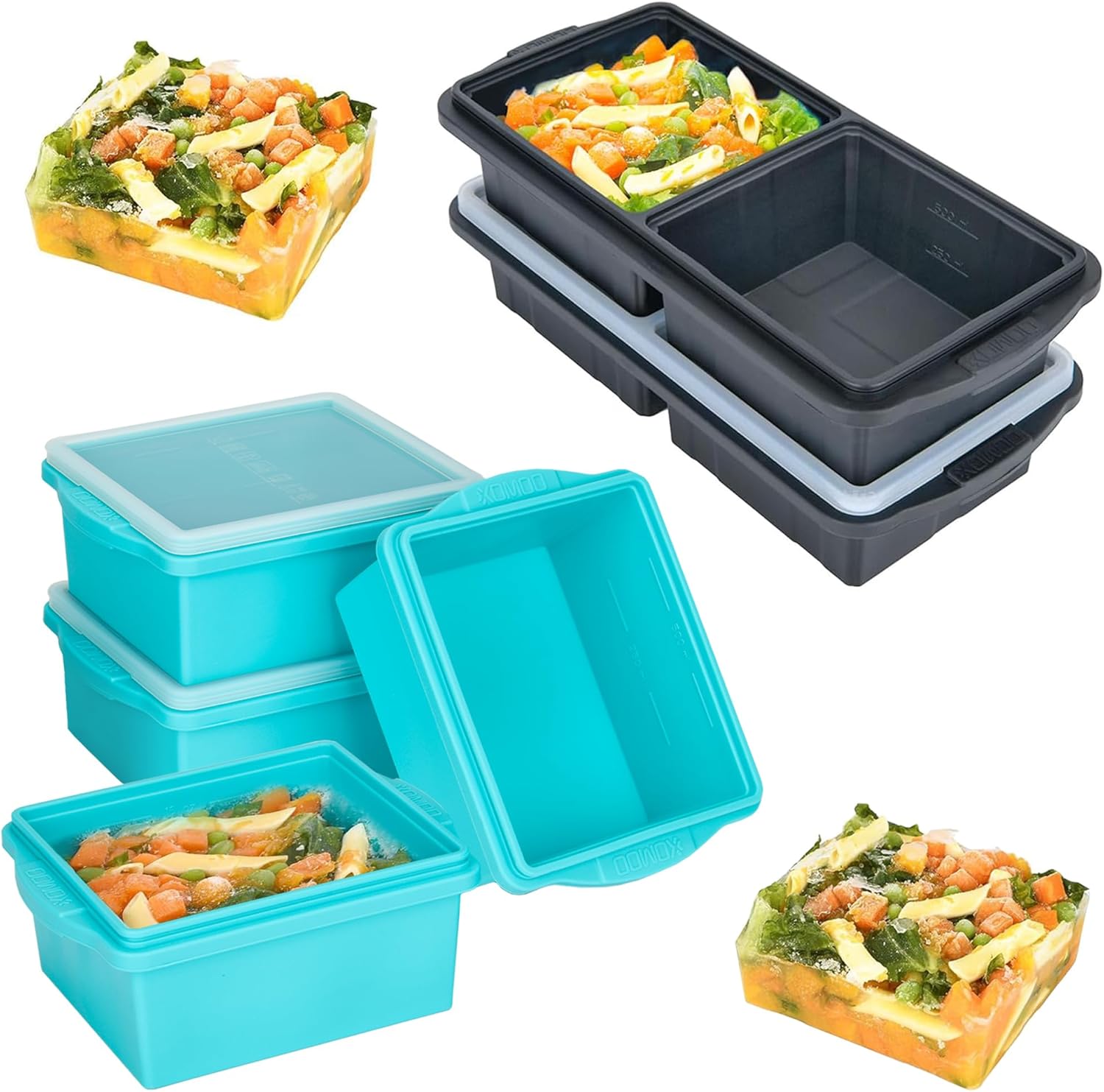 Silicone Freezer Tray With Lid, Soup Freezer Container molds, 2-cup Extra Large Ice Cube Tray, makes 8 perfect 500ml portions cubes, For freezing soup,stews,sauces.Oven&Dishwasher-Safe(6-Pack)