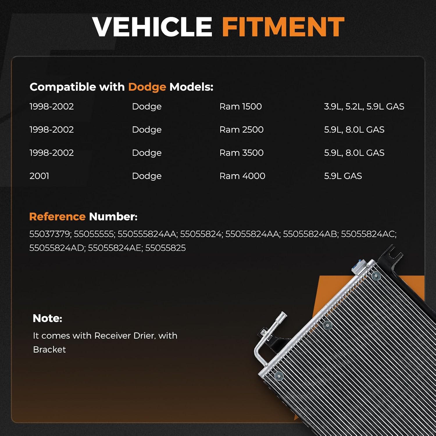 Autoexact A/C Condenser, Auto Air Conditioning Conditioner Condenser for 1998-2002 Dodge Ram 1500 3.9L, 5.2L, 5.9L, AC Condenser Replacement for 1998-2002 Dodge Ram 2500 3500 5.9L, 8.0L